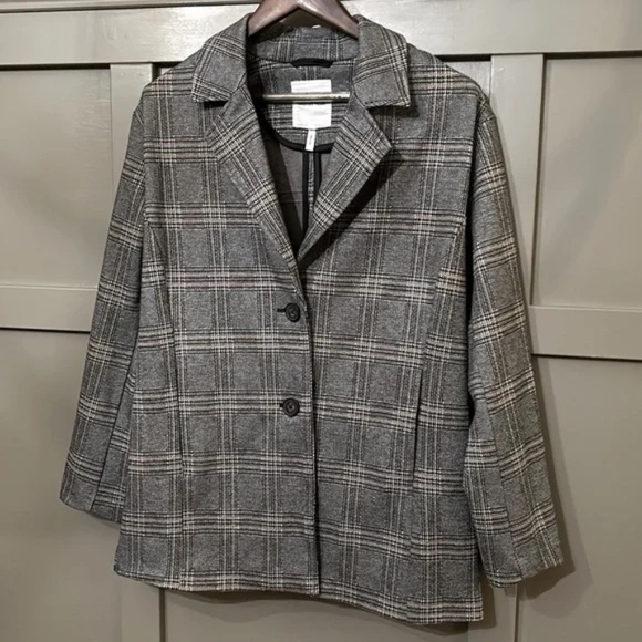 Avec Les Filles Plaid Relaxed Fit Longline Blazer Jacket Gray Tan Size Medium - Picture 6 of 11